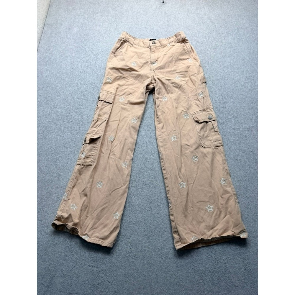 Forever 21 Tan Star Embroidered Cargo Pants Wide Leg Khaki Y2K Streetwear 28x28